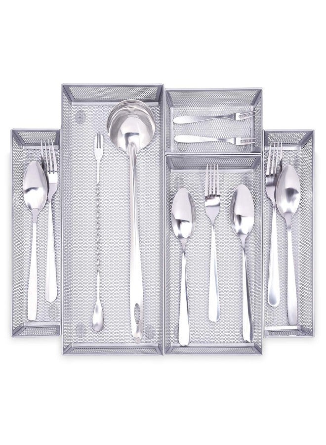 WuGeShop Mesh Silverware Tray Drawer Organizer, Kitchen Utensils Flatware with Anti-slip Mats, Silverware Storage Cutlery Tray for Knives Fork Spoon (5 Separate Compartments, Silver) - Image 2